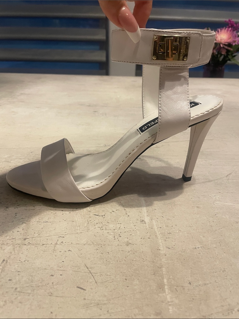 Karl Lagerfeld White Ankle-Strap Stiletto Sandals